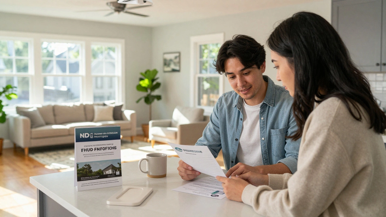 A buyer reviewing mortgage documents in a cozy kitchen with homebuyer certificate.