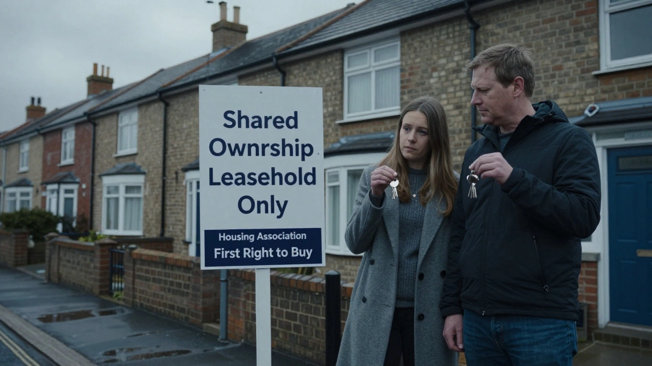 A couple outside a shared ownership home, holding keys but looking uncertain, with a leasehold sign in the background.