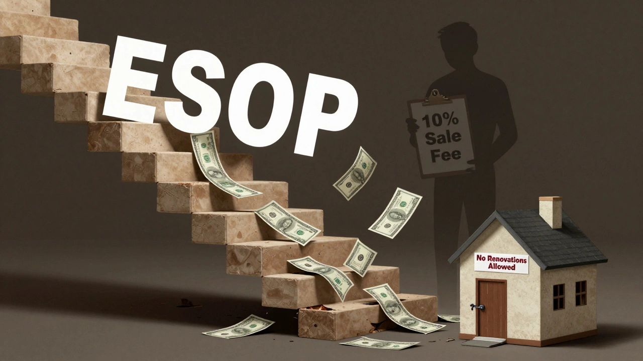 A crumbling staircase made of houses collapses under an ESOP sign, with money falling away into darkness.