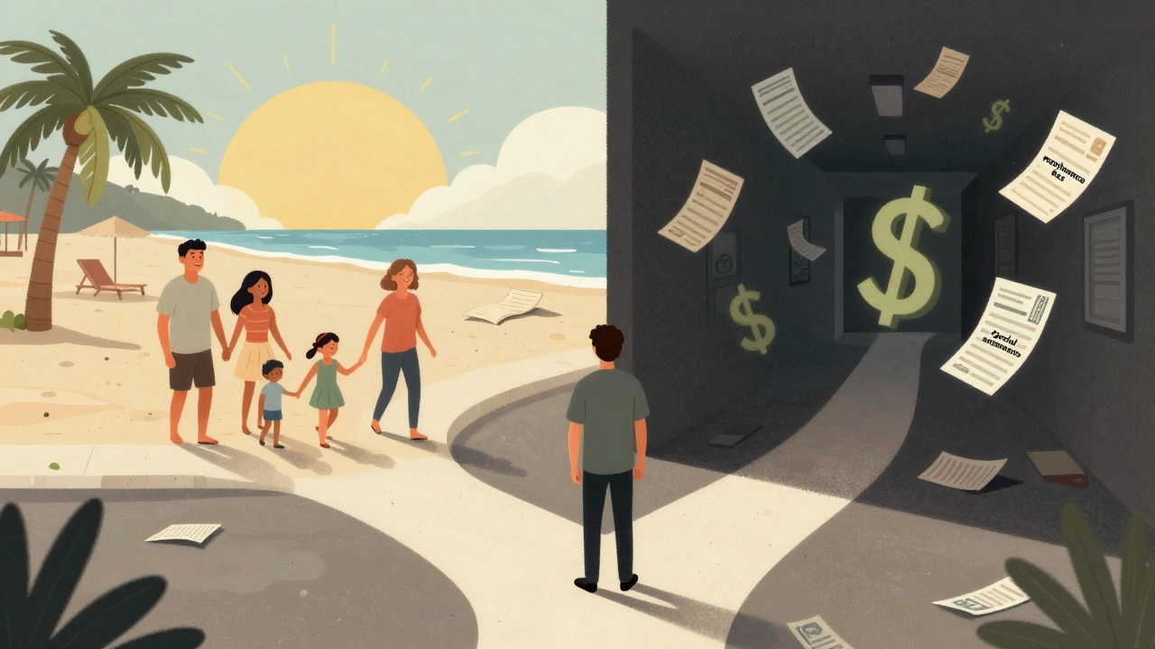 A person at a crossroads, one path to a beach resort, the other to a hallway of floating bills and chains.