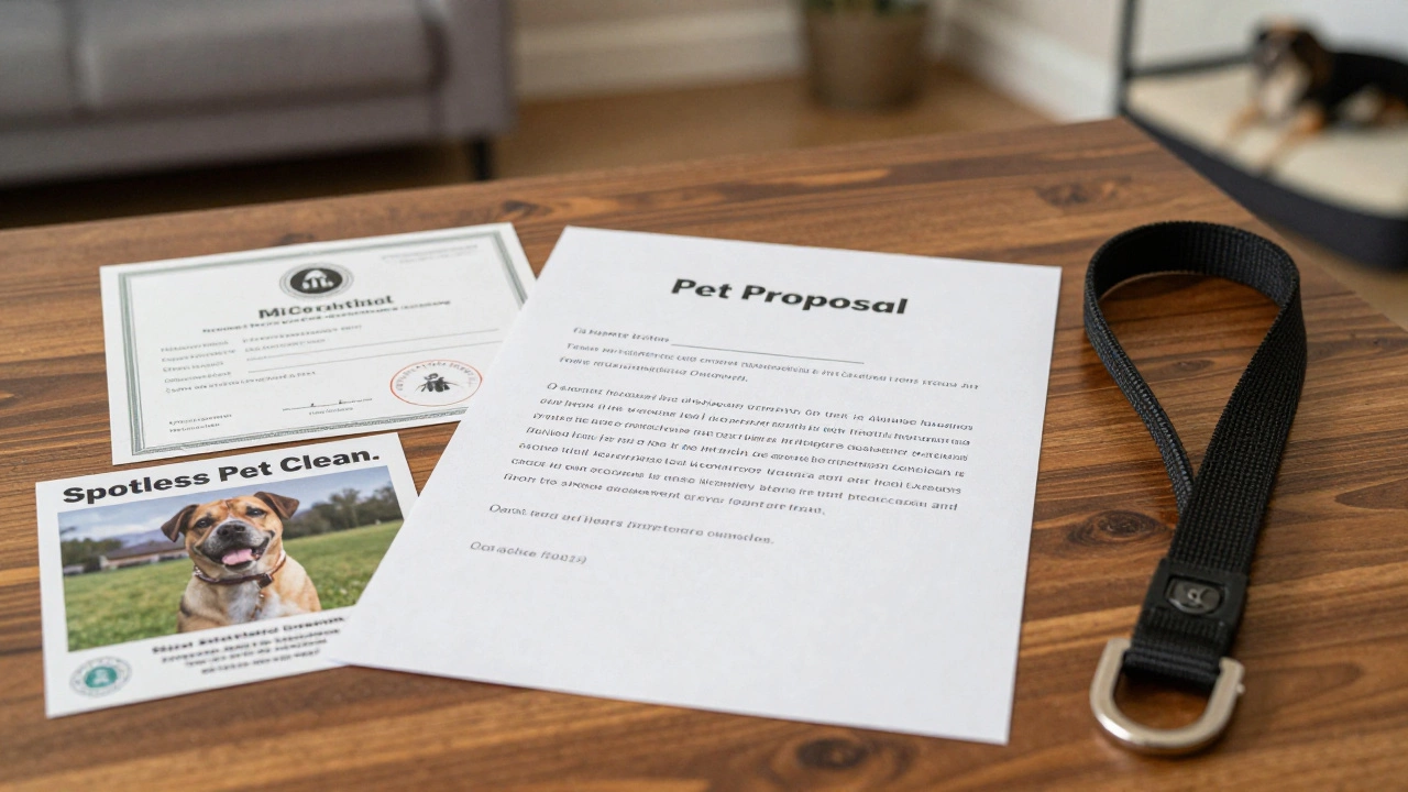 A Pet Proposal document with dog photos, vet records, and cleaning quote laid out on a wooden table.