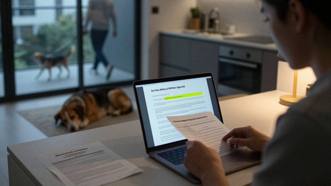A tenant reads a rental lease with a 'No Pets' clause highlighted, while their dog sleeps nearby.