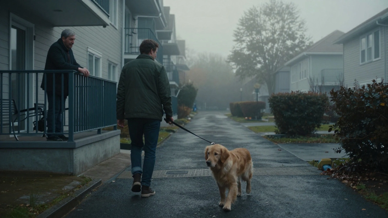 A tenant walks a calm dog through a quiet apartment courtyard at dawn as a landlord watches from above.