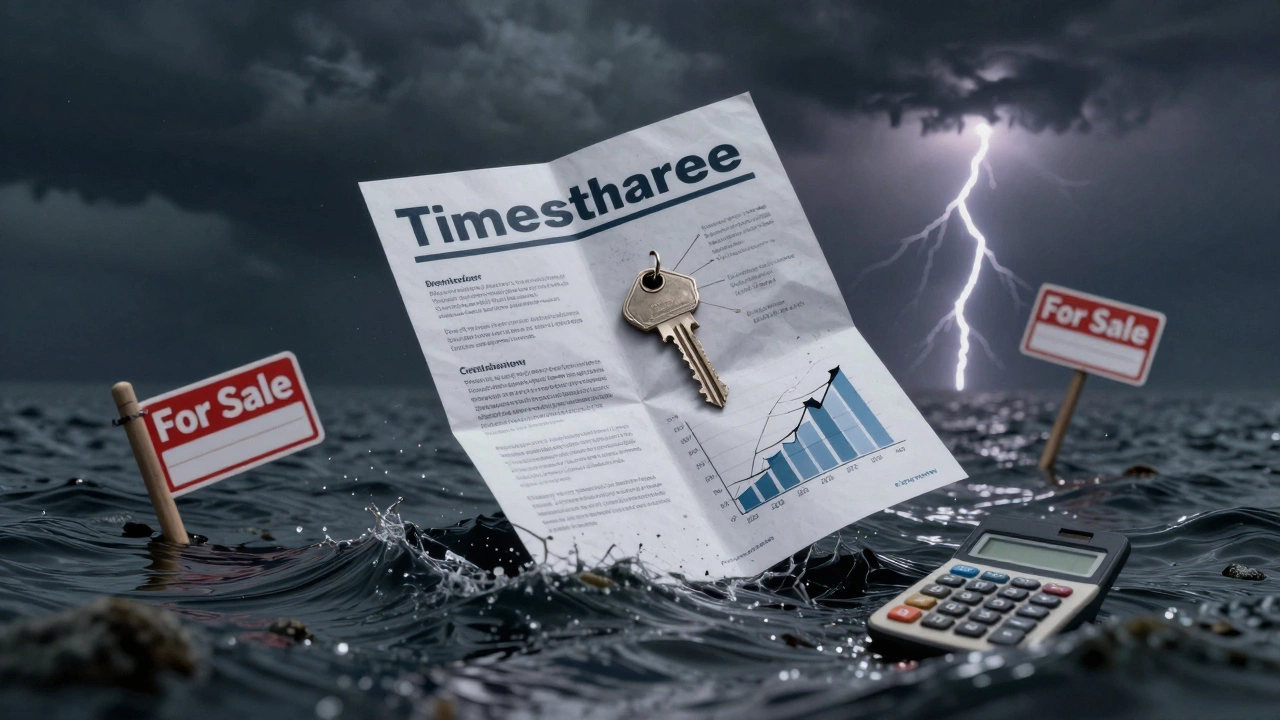 A timeshare brochure sinking in a stormy sea surrounded by financial symbols and a cracked credit score.
