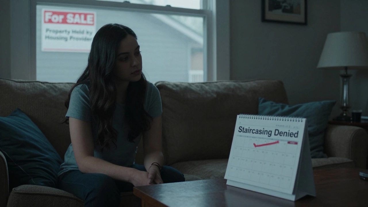 A woman sits in her home, staring at a denial notice for staircasing, with a for-sale sign visible through the window.