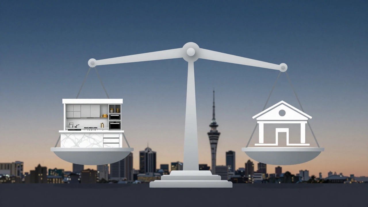 Balance scale comparing property features, with location and condition outweighing luxury finishes.
