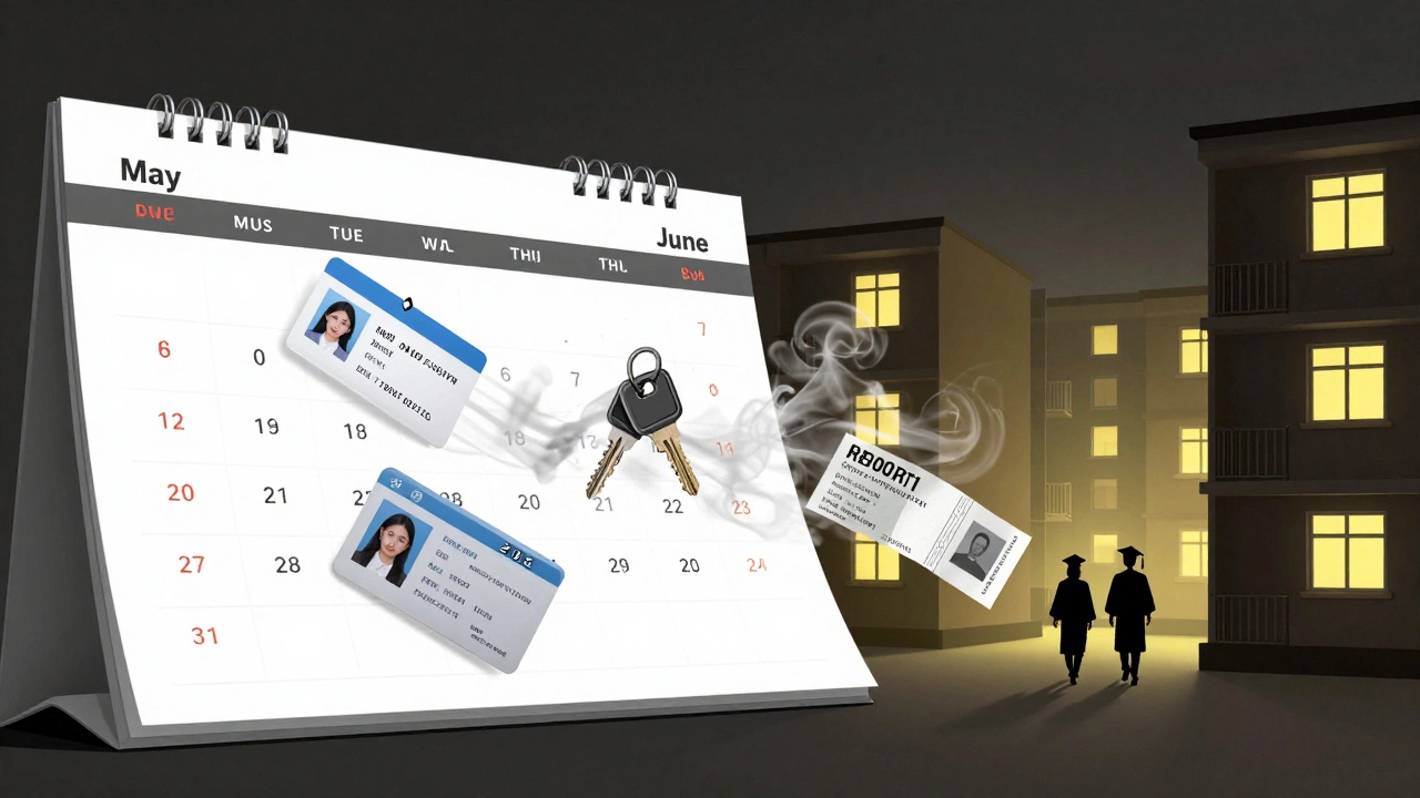 Calendar flipping from May to June with student items dissolving, graduates walking toward city apartments.