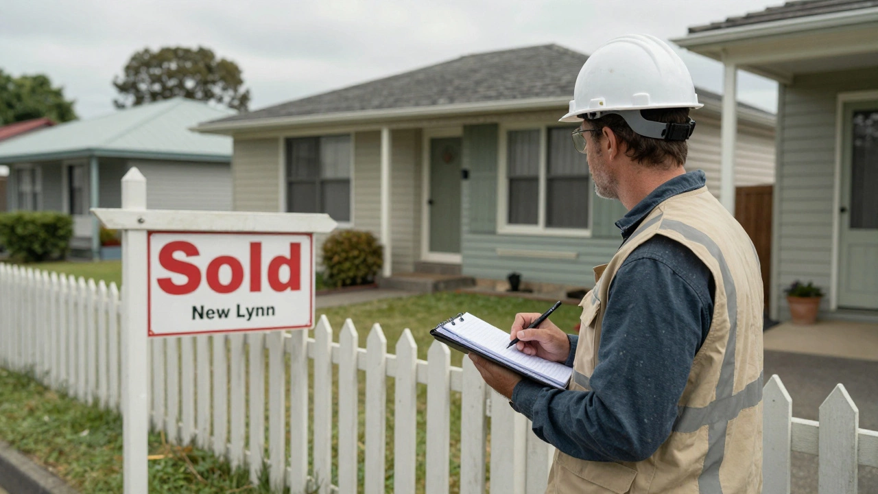 Certified valuer measuring a home&#039;s exterior in a quiet Auckland neighborhood with a &#039;Sold&#039; sign nearby.