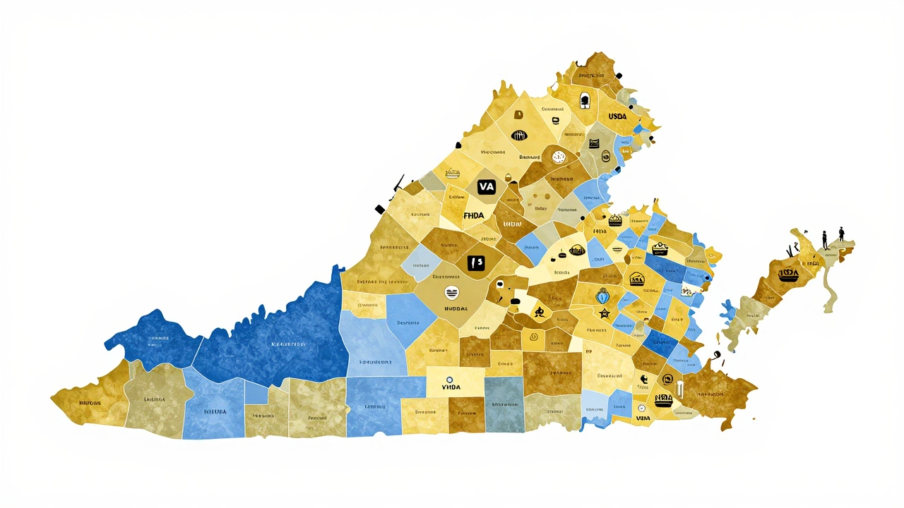 Color-coded map of Virginia showing income limits and loan programs by region.