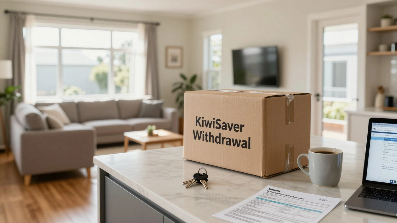 Empty living room with moving boxes, keys on counter, and credit report showing 820 score.