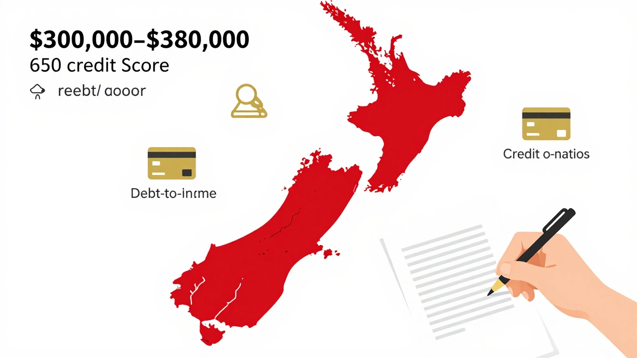 Financial dashboard overlay on New Zealand map showing loan limits for 650 credit score with debt and savings icons.
