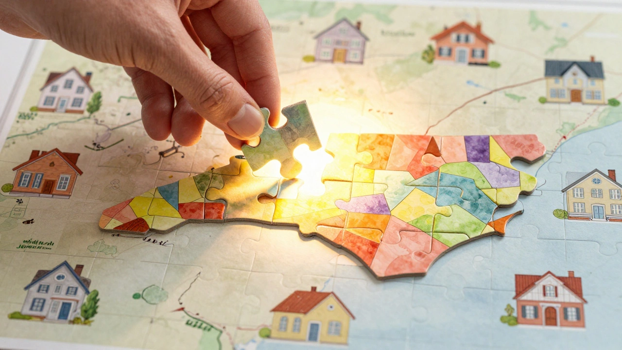 Hand placing a house puzzle piece into a map of North Carolina with glowing counties.