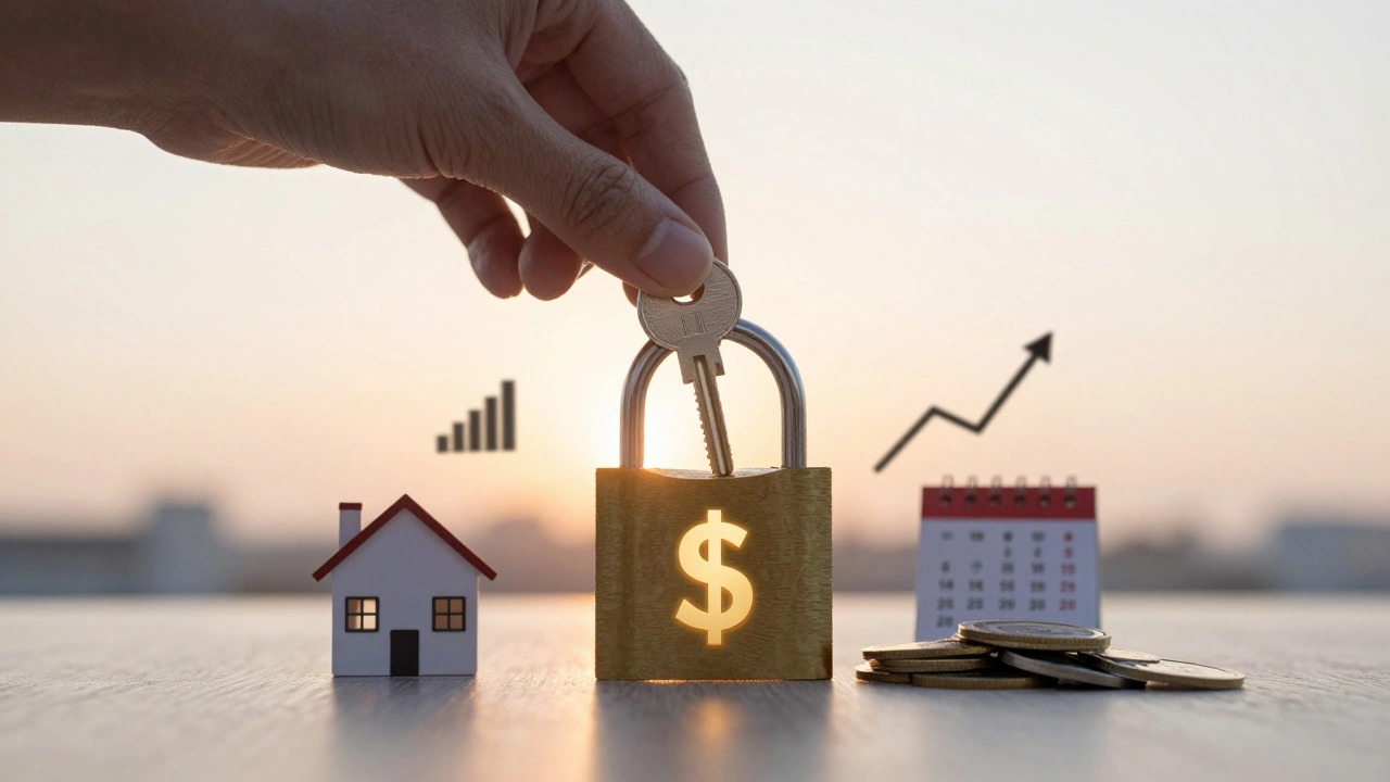 Hand placing a key into a lock that becomes a dollar sign, symbolizing property wealth building.