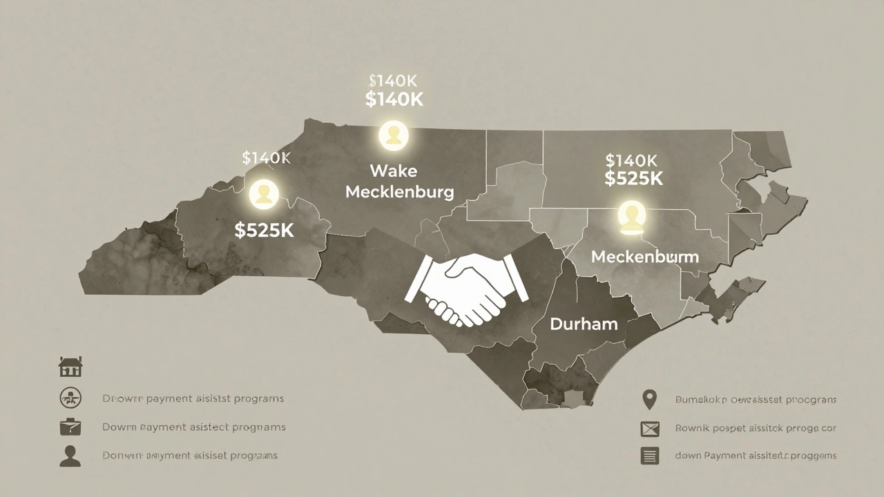 Map of North Carolina showing income and price limits for first-time homebuyers.