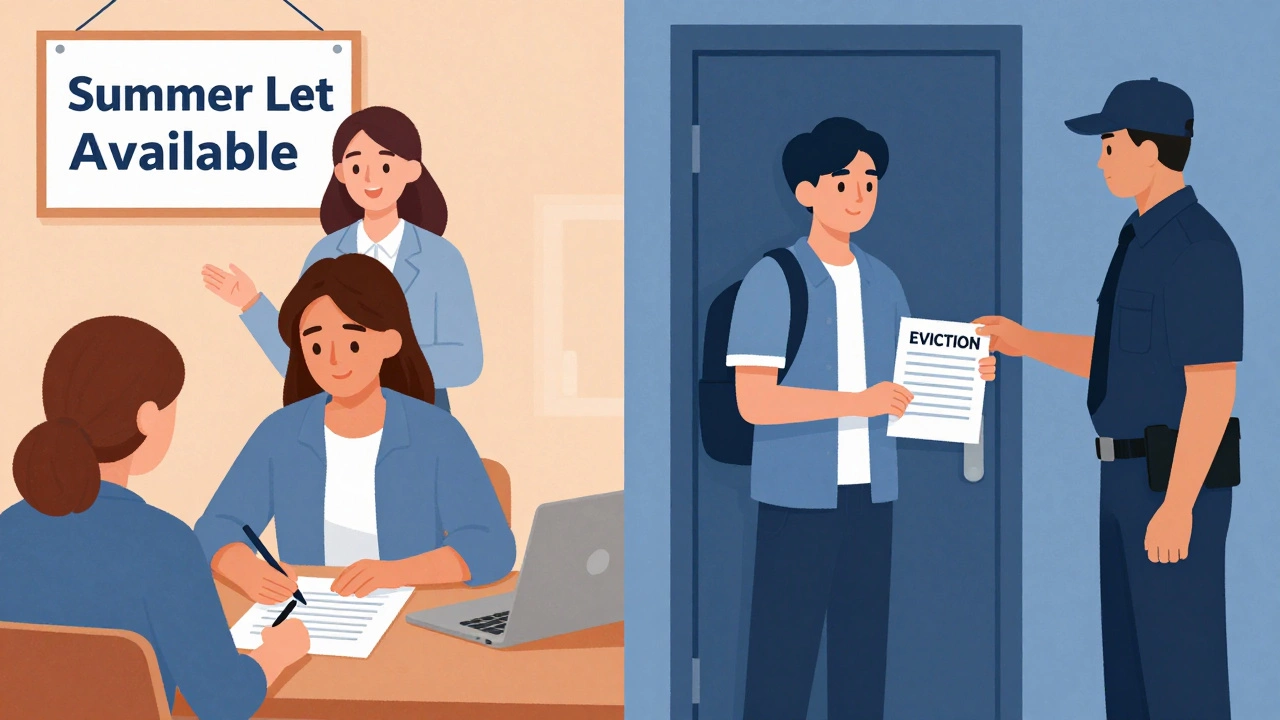 Split illustration: student signing summer lease vs. receiving eviction notice at locked door.