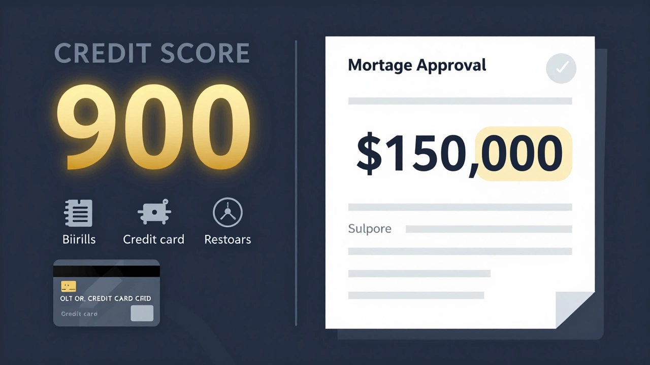 Split-screen showing 900 credit score on left and 0,000 deposit on right with mortgage approval.