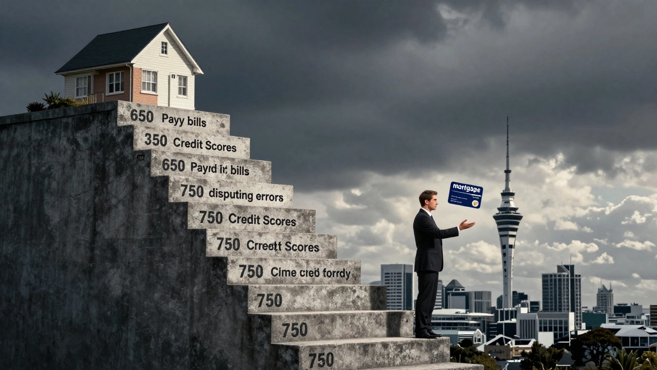 Staircase of rising credit scores leading to a house, with actions like paying bills and saving cash on each step.