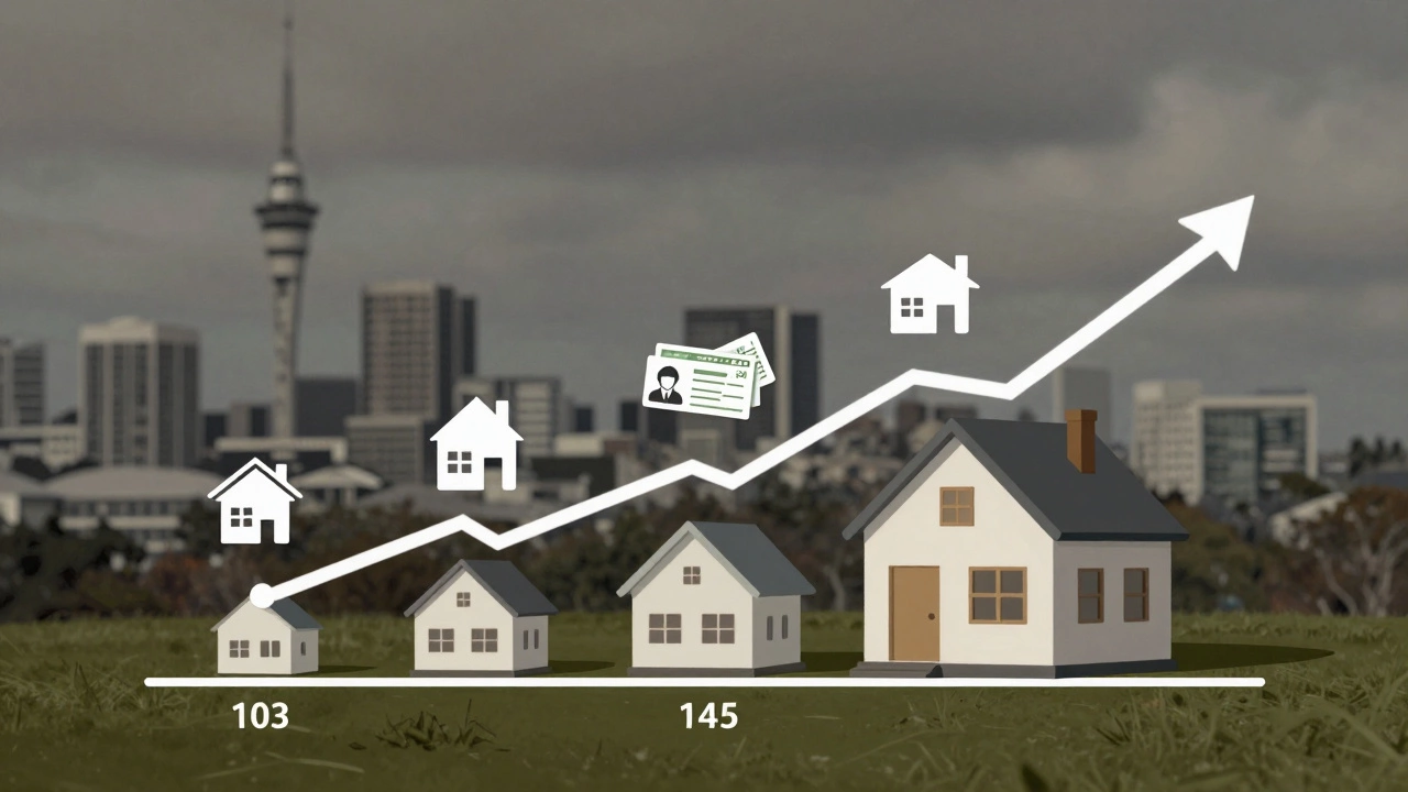 Timeline illustration of a house growing into a rental investment with equity and rent symbols.