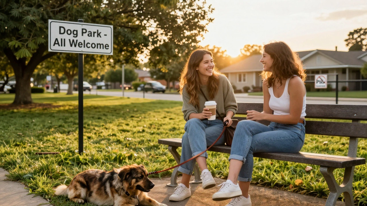 Two friends relax in a dog park at sunset, their dog happily off-leash as other pets play in the background.
