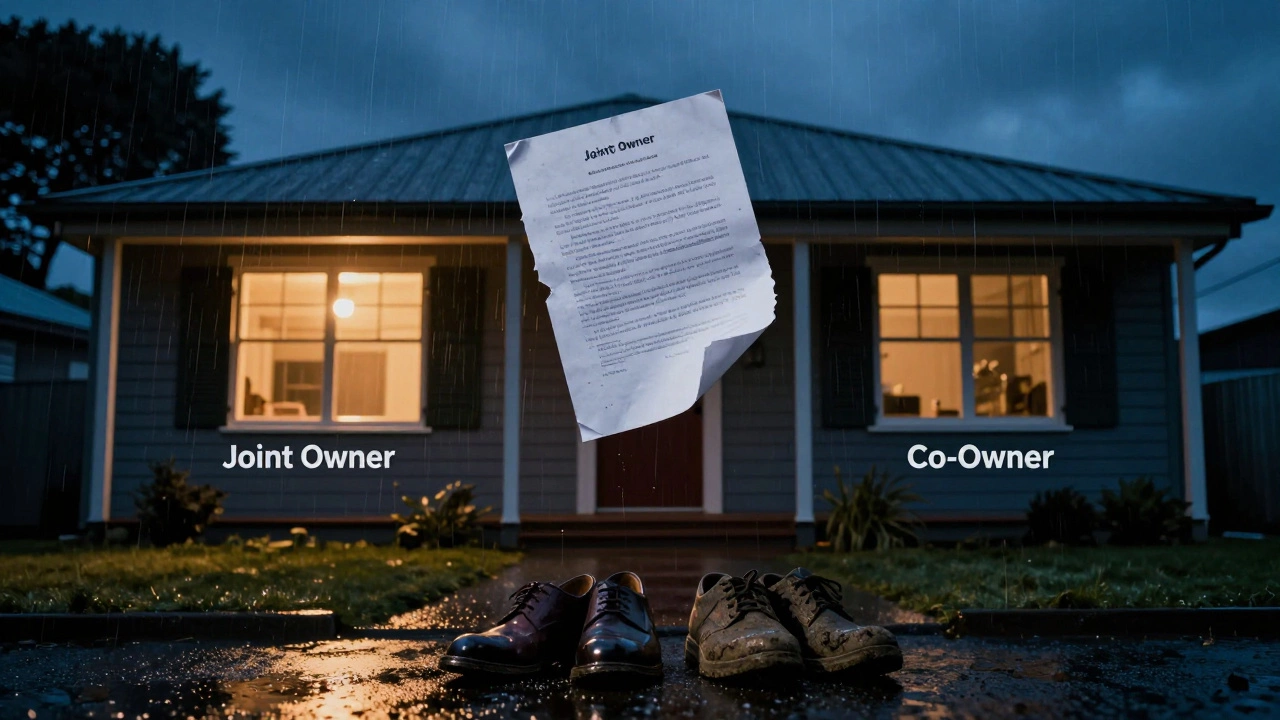 A darkened New Zealand home at night with lit and dim windows representing different ownership types.