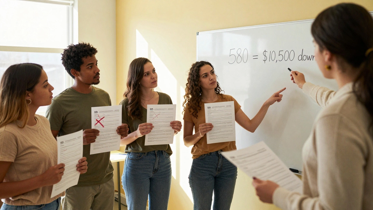 A group of first-time buyers in a community center receiving credit counseling, with credit reports and a whiteboard showing down payment info.