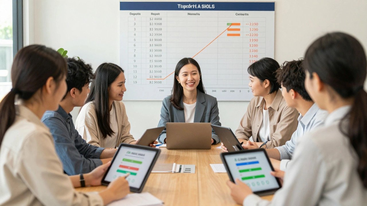 A group of first-time buyers meeting with a financial advisor, each viewing their improving credit scores on tablets.
