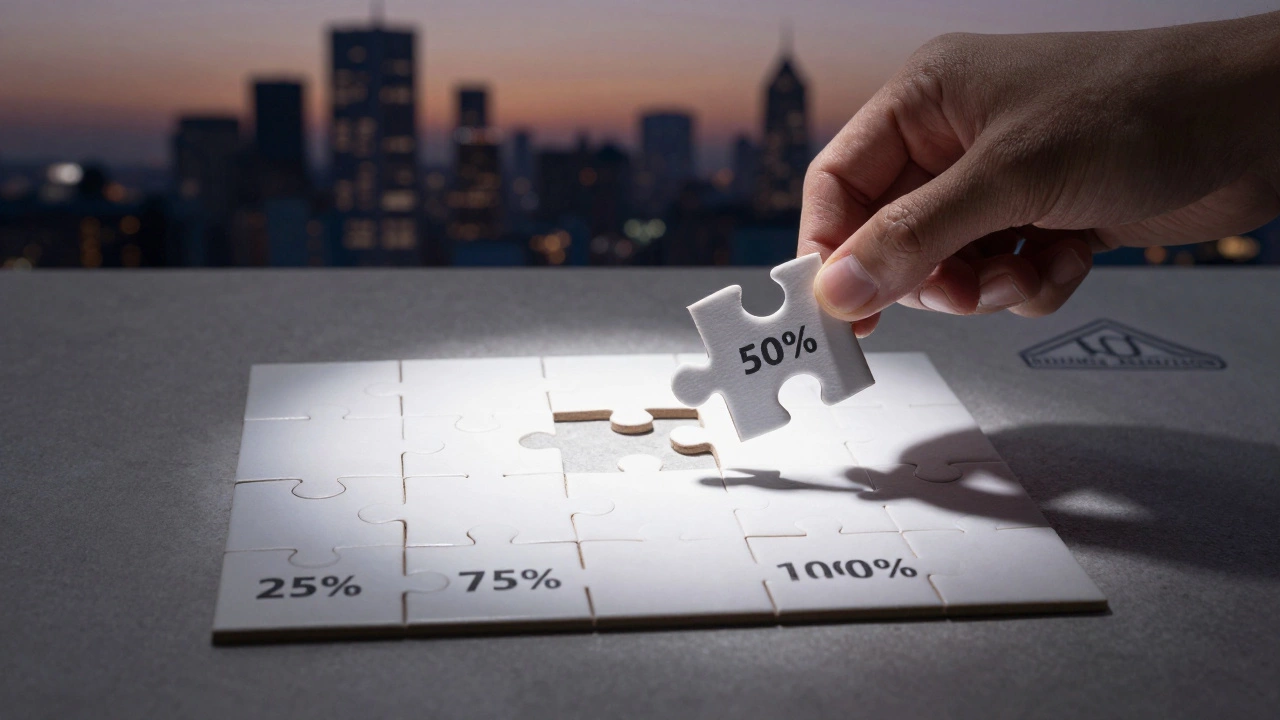 A hand placing the final ownership piece into a house-shaped puzzle, symbolizing gradual path to full homeownership.