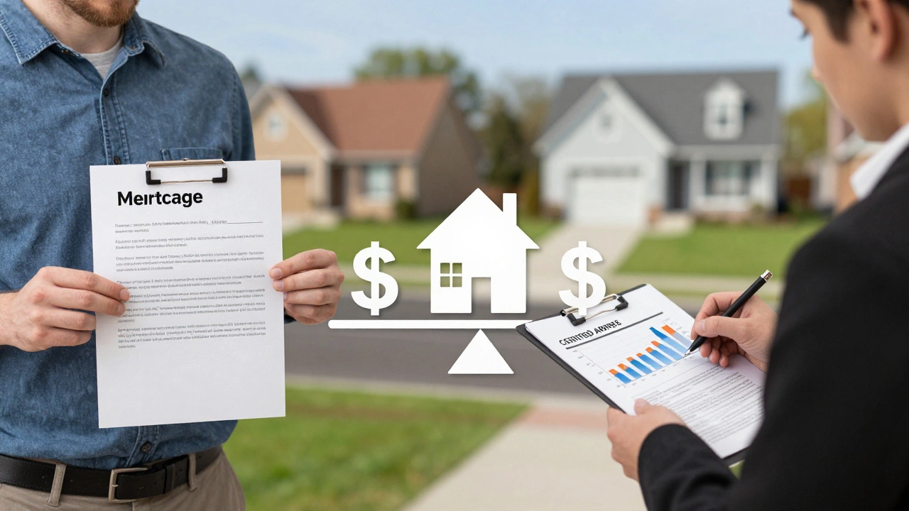 A homeowner and appraiser separated by a scale balancing a house against dollar signs, symbolizing property value and financial decision-making.