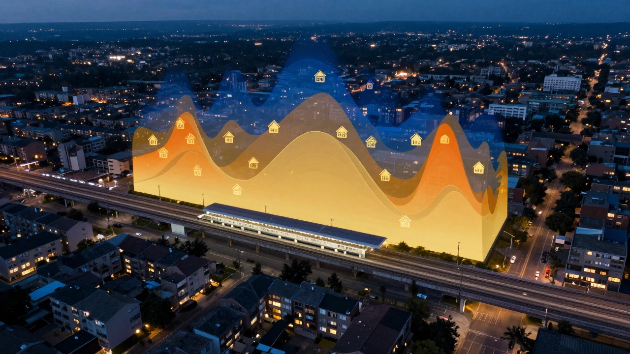 Aerial view of a neighborhood with rising property values near a light rail station, shown through warm color gradients fading into cooler tones.
