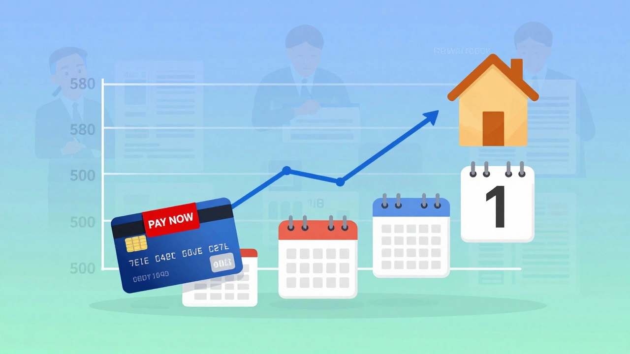 An illustrated financial dashboard showing a credit score rising from 500 to 580 with payment and calendar icons.