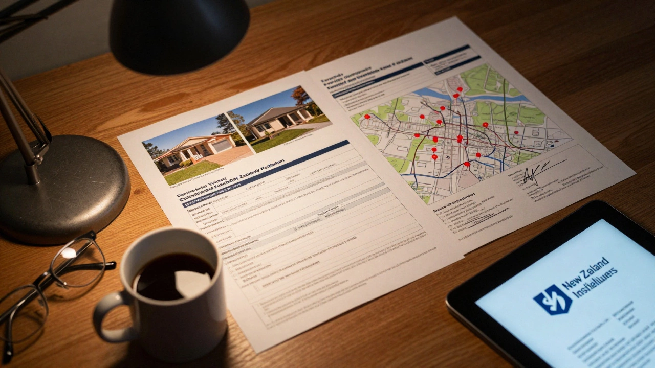 An open property valuation report with photos, maps, and a certified signature.