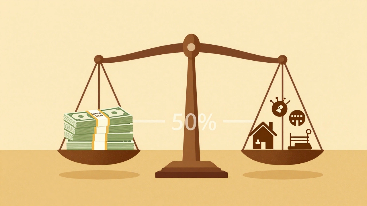 Balance scale comparing gross rent to operating expenses with icons for maintenance, insurance, and vacancy.