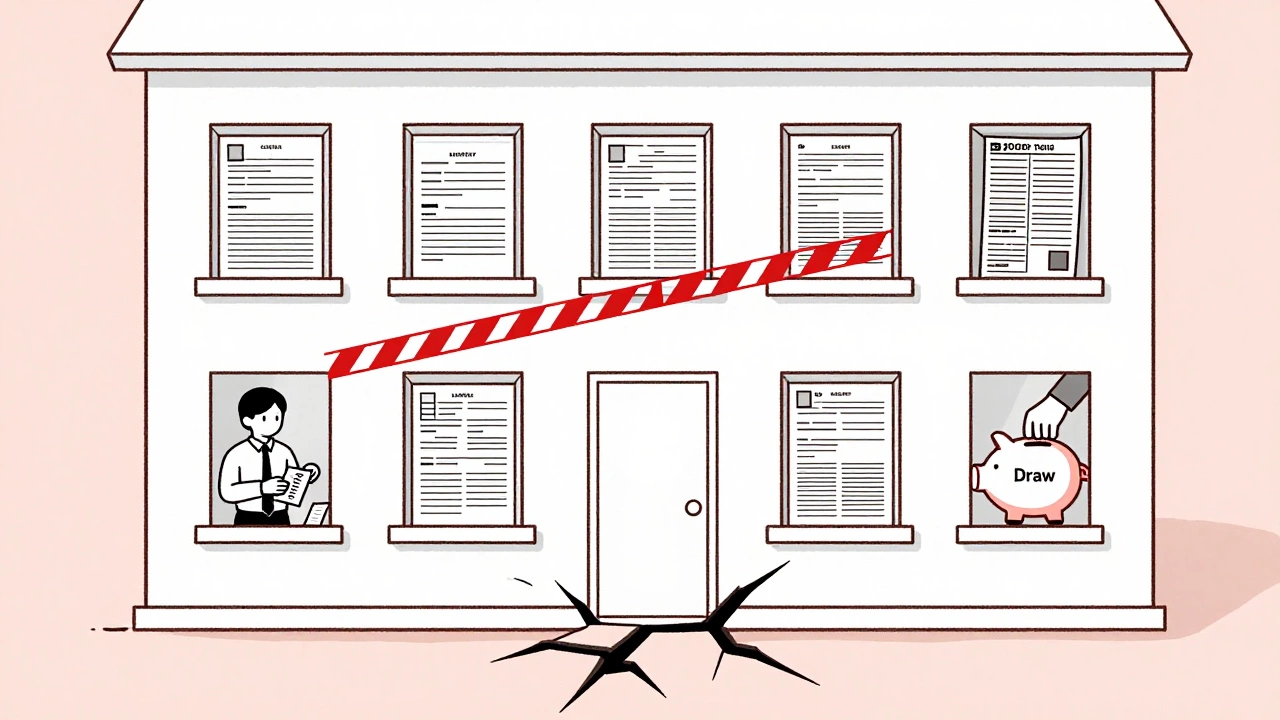 House with five windows: four receiving salary slips, one pulling from a draw piggy bank causing cracks.