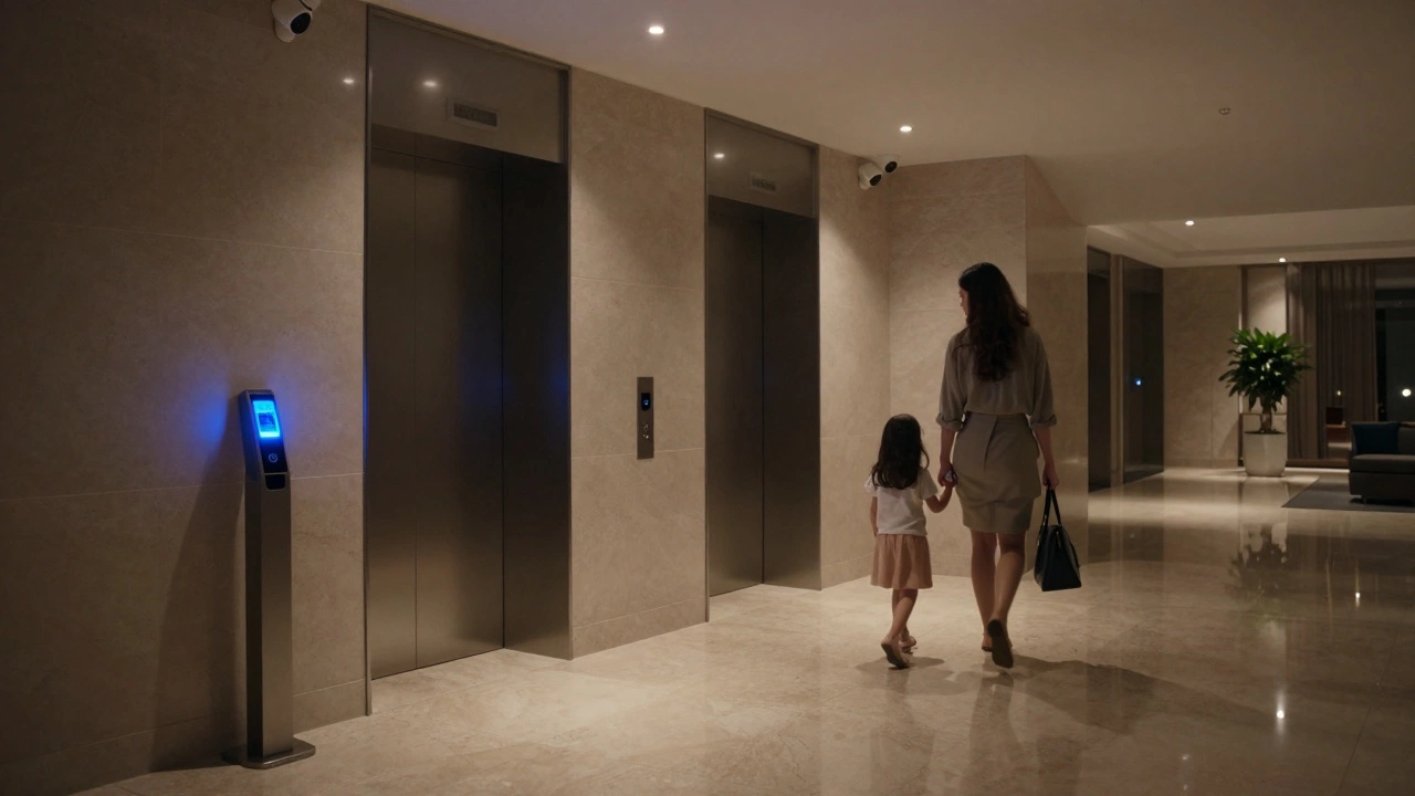 Mother and daughter walking peacefully through a secure, modern apartment lobby at night.