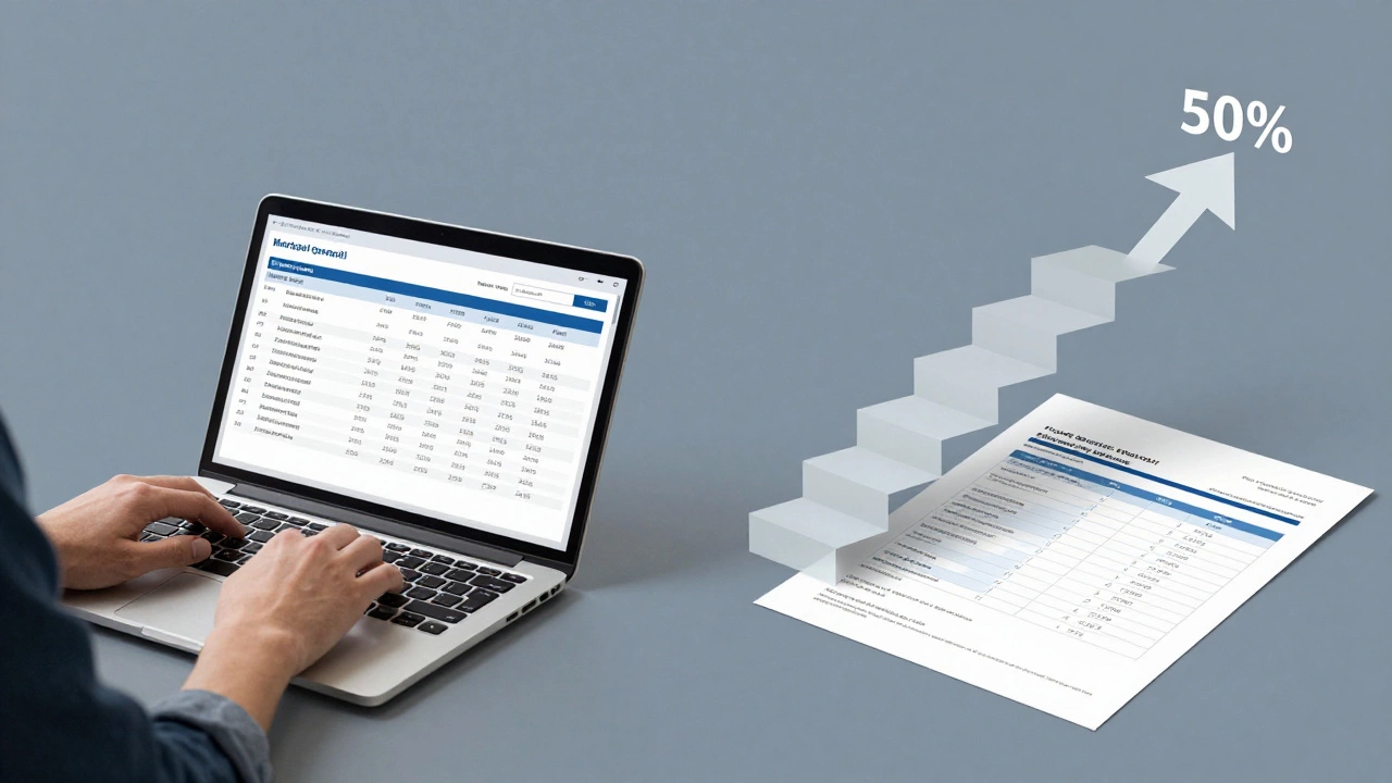 Person reviewing mortgage and property valuation documents with a staircase graphic showing ownership growth.