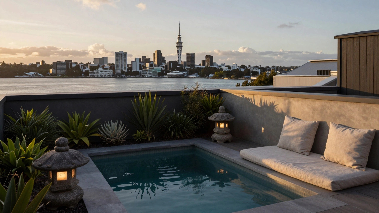 Rooftop terrace at sunset with a hidden pool, native plants, and a stone lantern overlooking a city harbor.