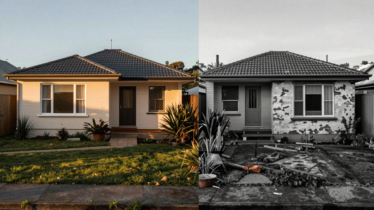 Side-by-side comparison of a well-maintained home versus a neglected one.