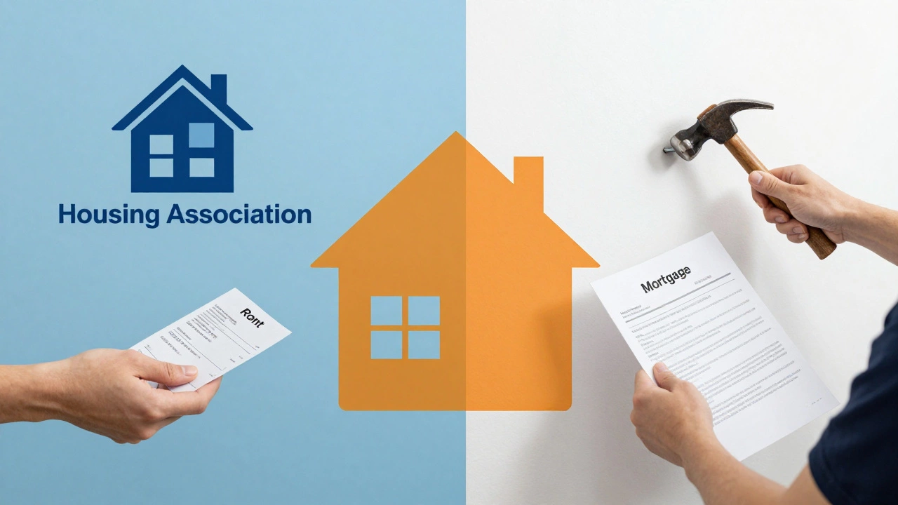 Split image showing rent payment and mortgage payment sides of shared ownership.