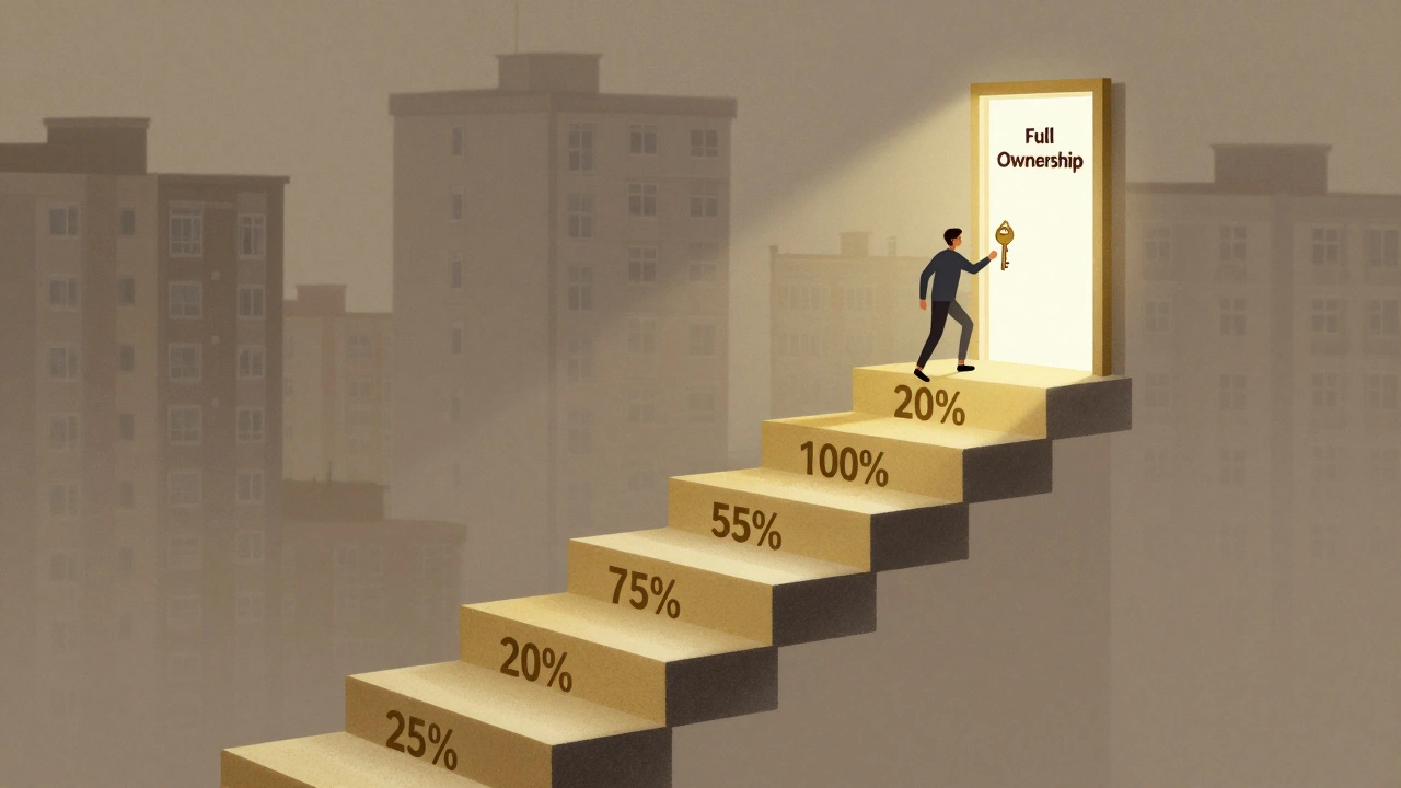 Staircase of property shares leading to full ownership with climber and housing association in background.