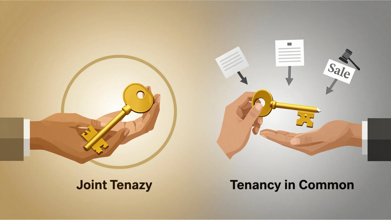 Symbolic illustration of joint tenancy as one key versus tenancy in common as two broken keys.