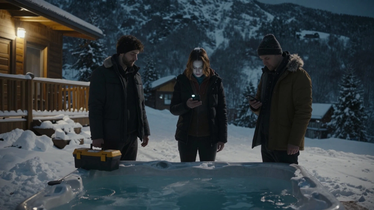 Three people gathered around a broken hot tub in snow, showing neglect and conflict among co-owners.