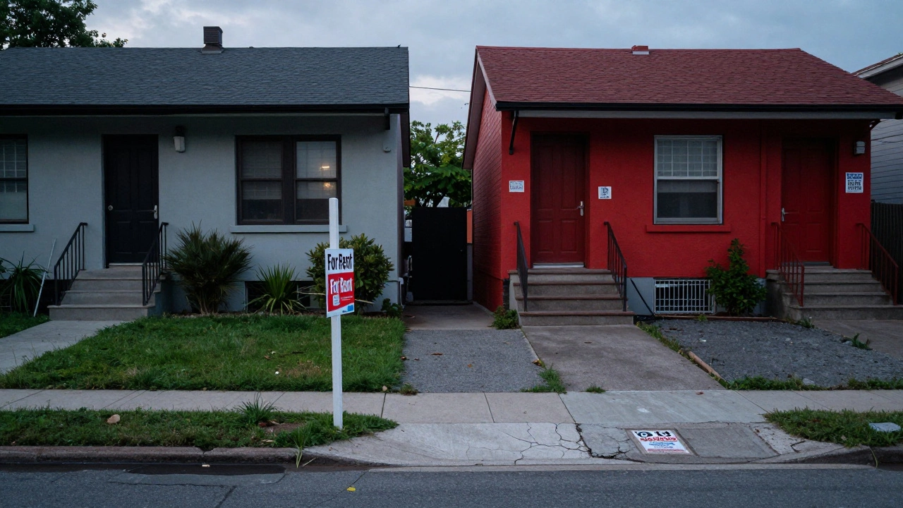 Two rental properties side by side: one in a quiet neighborhood, the other in a high-cost city with visible signs of expense.
