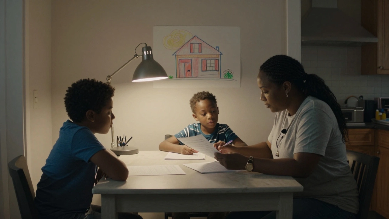A counselor reviewing documents with a family at their kitchen table, child drawing a house in the background.