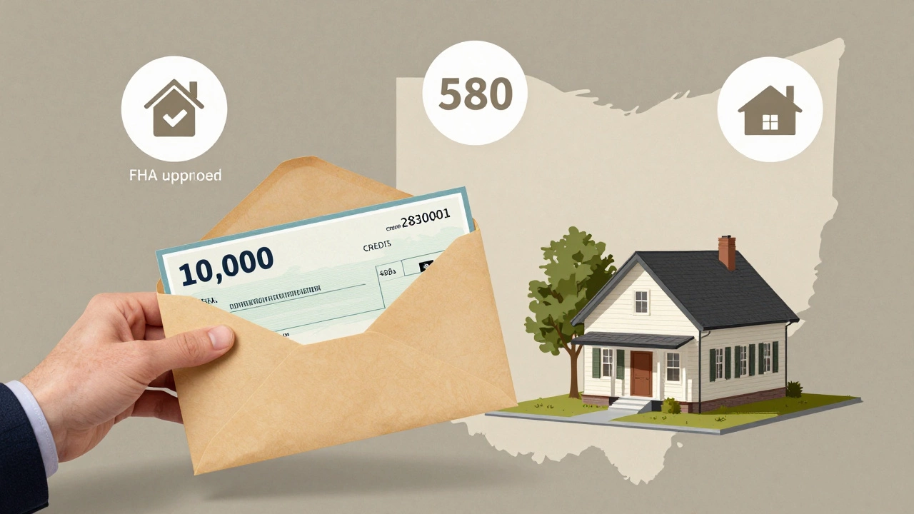 A grant check surrounded by icons representing FHA loans, credit scores, and a home on a foundation.