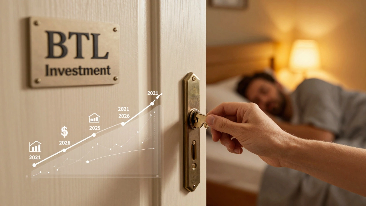 A key being inserted into a lock labeled 'BTL Investment' with a timeline overlay of rent, rates, and property growth.