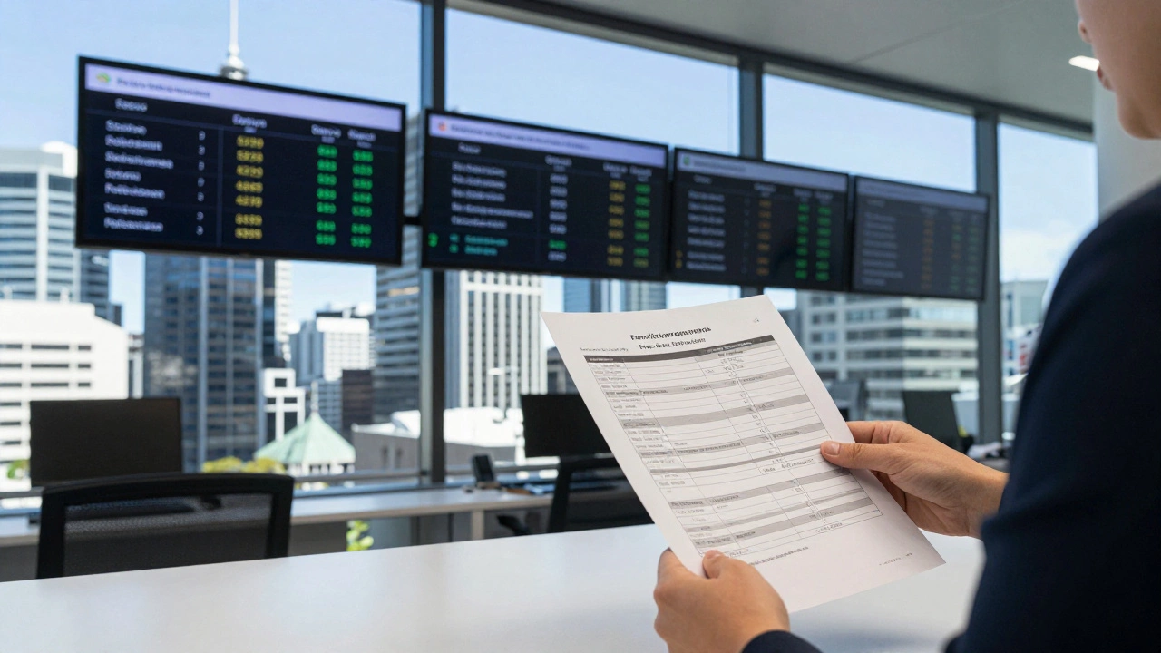 A transparent office with digital screens showing real estate sales data and commission details.