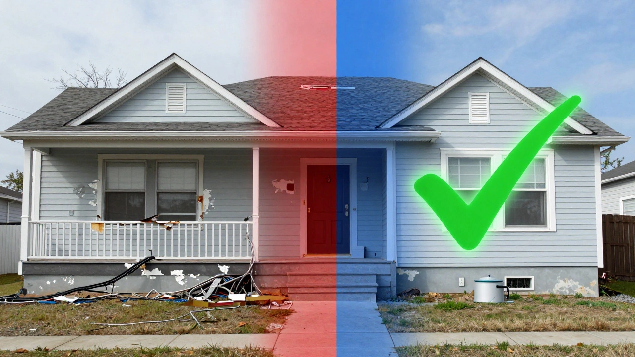Before-and-after comparison of a home transitioning from unsafe conditions to FHA-approved repairs.