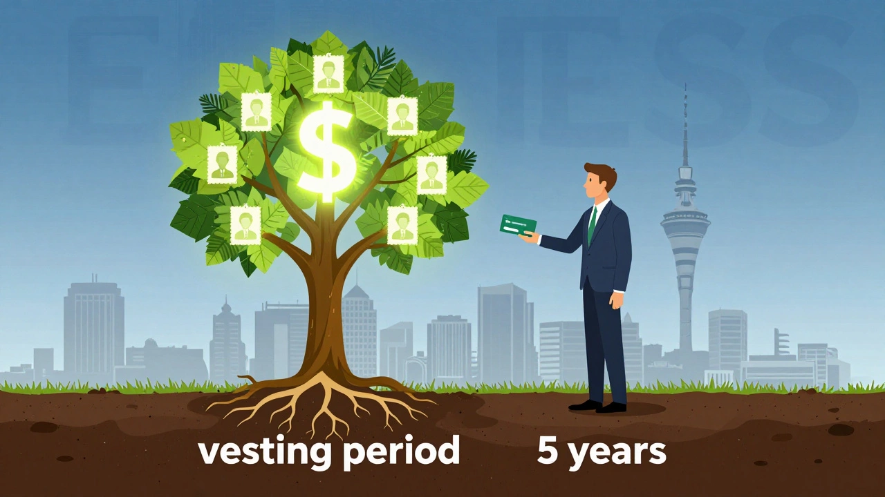 Employee receiving company shares as part of compensation with vesting tree imagery.