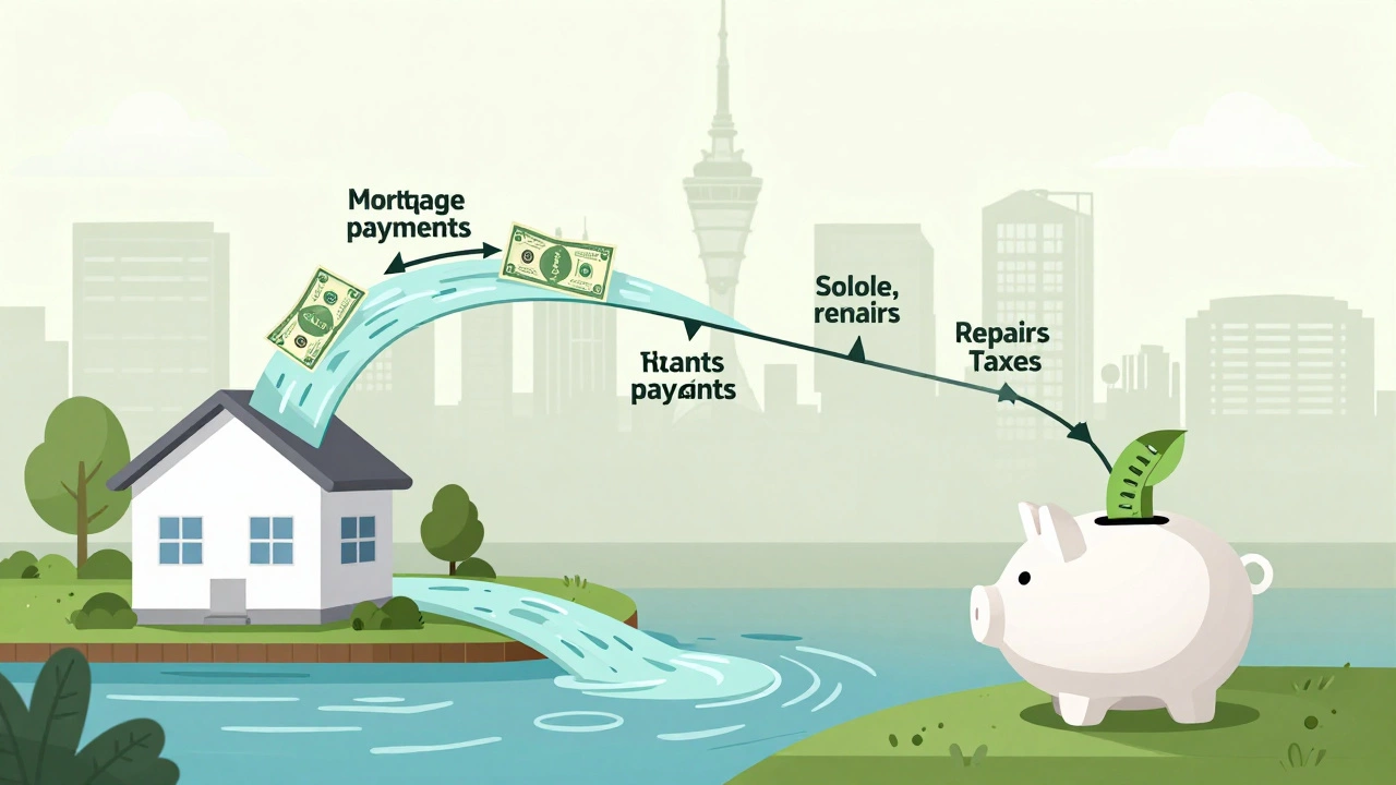 Financial flow diagram showing rent income supporting property expenses with a profit stream to a house-shaped piggy bank.