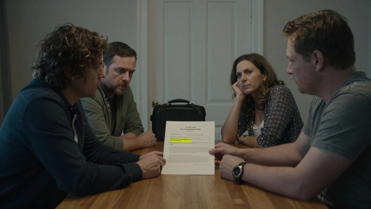 Four adults in a shared home having a calm meeting about a lease clause restricting overnight guests.